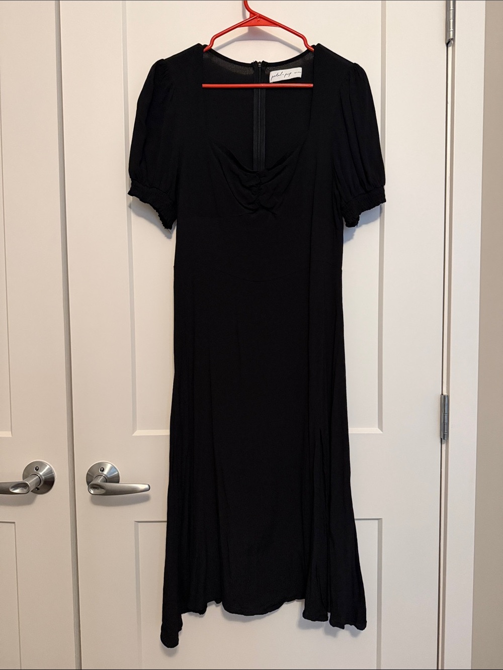 Petal & Pup Black Midi Dress with Puff Sleeves and Scoop Neck